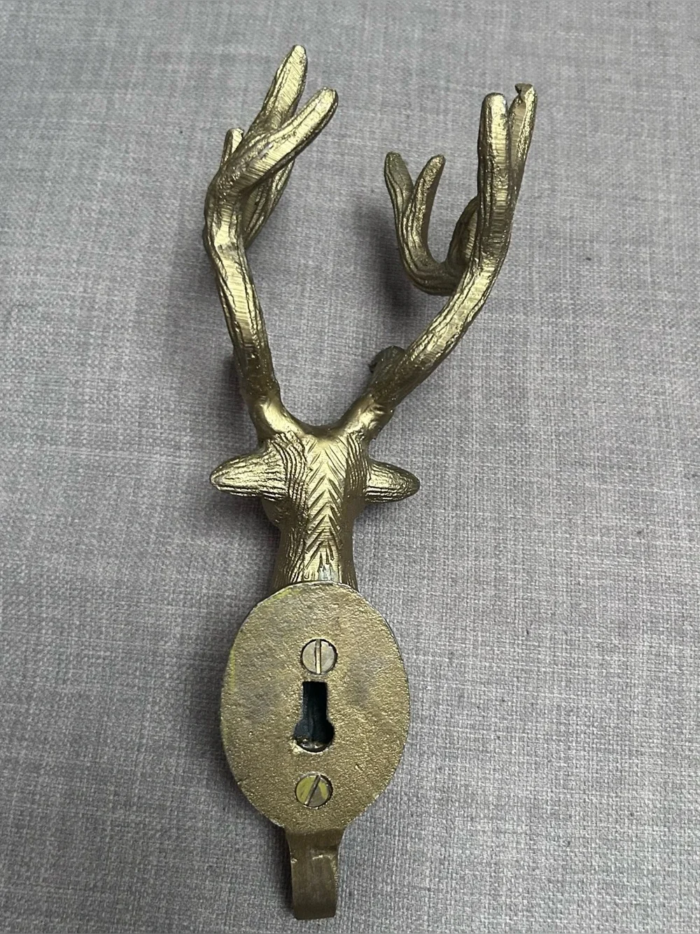 Vtg Cast Brass Stag Deer Head Wall Hook Equestrian Lodge Decor #06152610